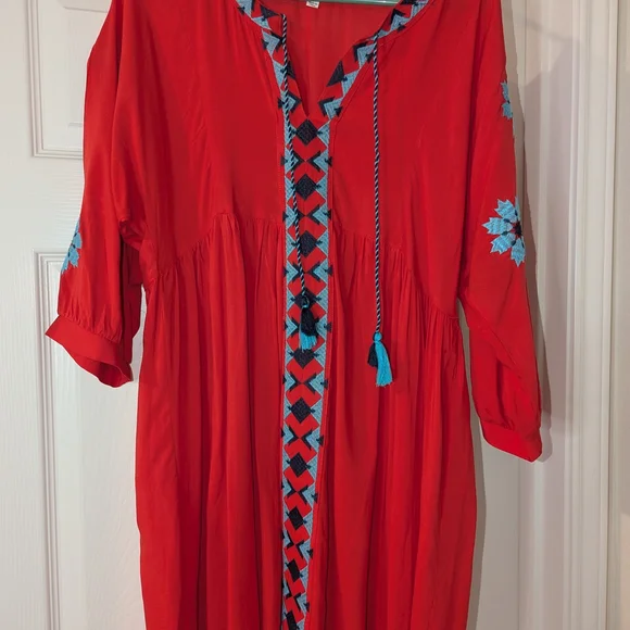 Umgee Red Dress with Blue Embroidery - Picture 1 of 7